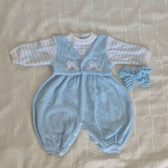 Charming Blue Baby Footie with Bear Embroidery - Picture 1 of 16